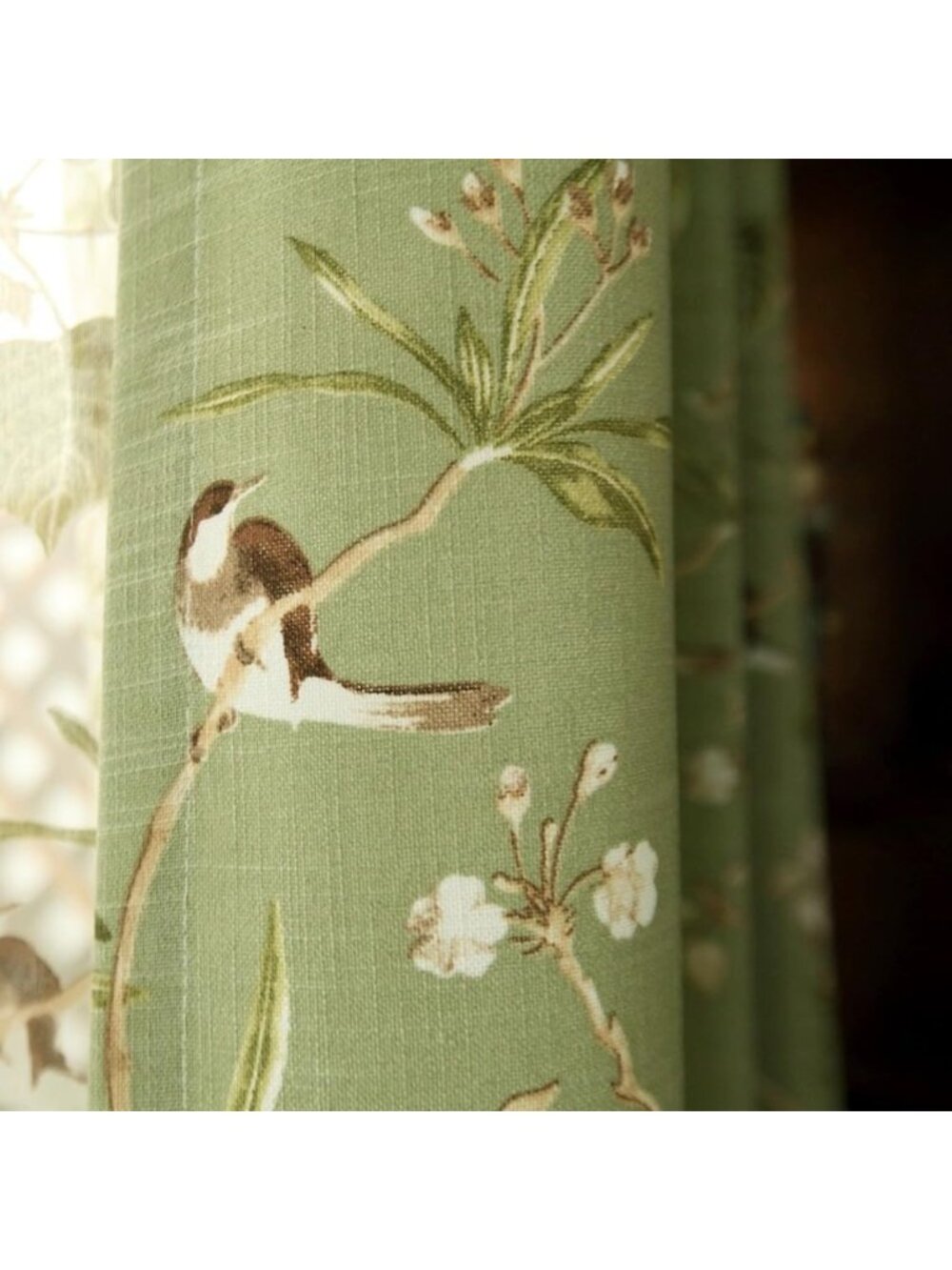 Vintage Floral Bird Curtains, Green Grommet Linen Blend, 55x96 Inch Drapes